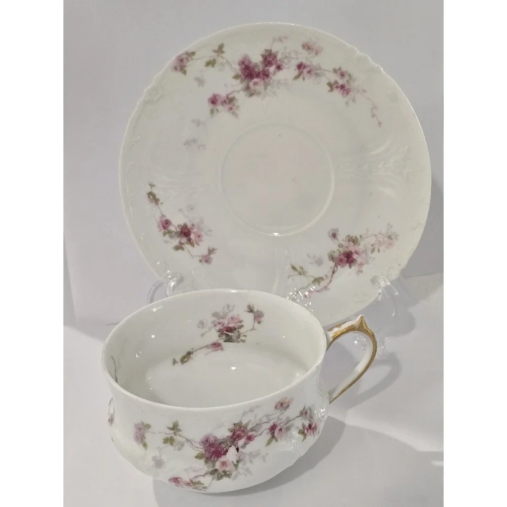 Haviland Limoges Schleiger Pink Rose Sprays Cup & Saucer Set Antique France